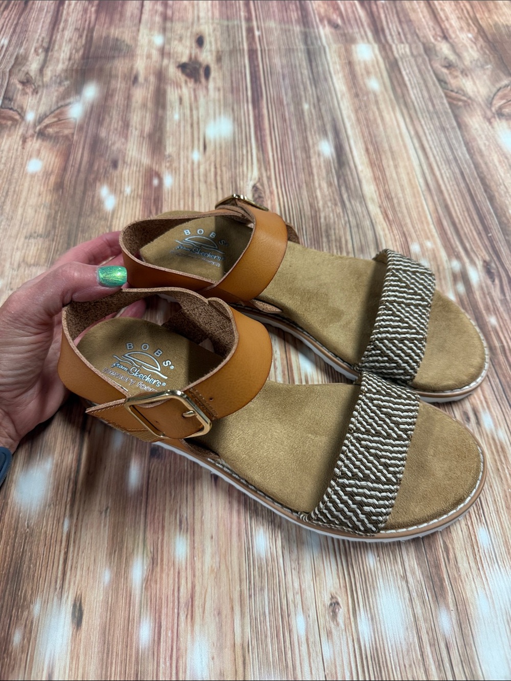 Bob’s from Skechers Tan Woven Strap Ankle Buckle Sandals